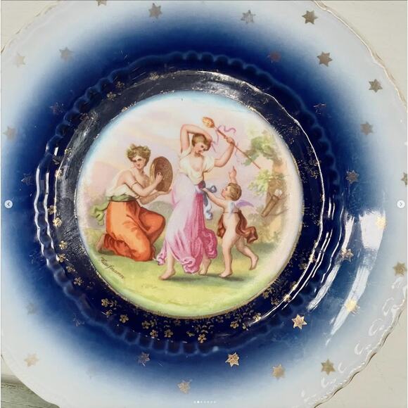 Antique Porcelain Cabinet Plate Flow Blue Hand Painted Cherub Kaufmann Austria - Picture 2 of 7